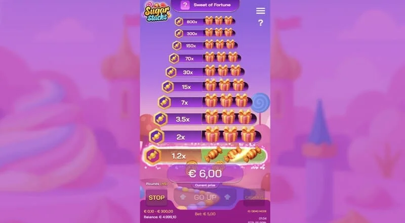 Sugar Stacks - paso ganador con el piso actual resaltado y un contador de multiplicador